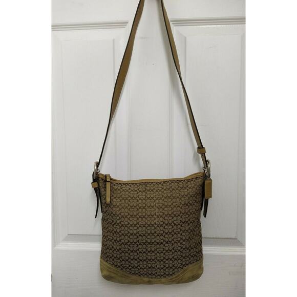 Coach Signature Brown Canvas Suede Leather Trim Zipper Crossbody Shoulder Bag - Picture 3 of 11